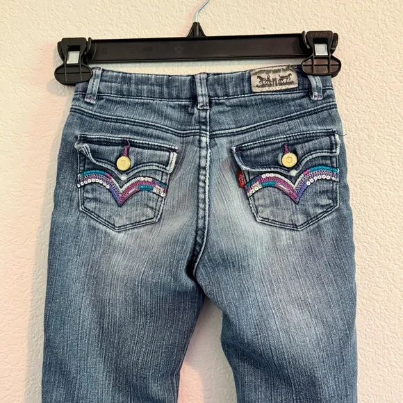 Levi's Blue Distressed Straight-Leg Jeans With Adjustable Waist and Embroidery. - Picture 8 of 13